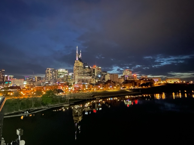 Nightime view of Nashville form the John Seigenthaler Pedestrian Bridge